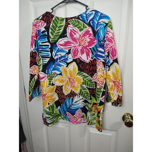 Shane Lee Inc Woman L* Blouse Tropical Hawaiian 3/4 Sleeve Stretch Vac Casual - Picture 8 of 8